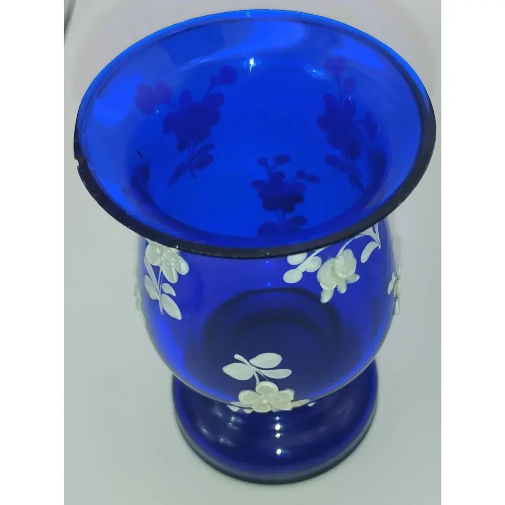 Vintage Czechoslovakia Cobalt Blue Glass Bud Vase Enamel Flowers 3” - Picture 2 of 3